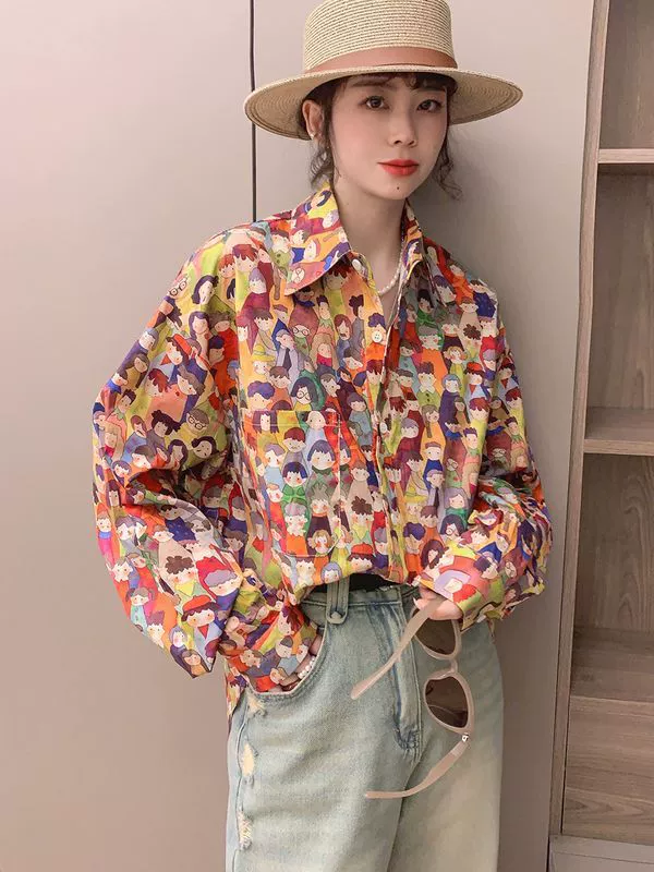 Шифоновая рубашка с принтом героев мультфильмов, женская одежда, Европейский дизайн, свободный, охватывающий плоть тонкий универсальный топ с длинными рукавами