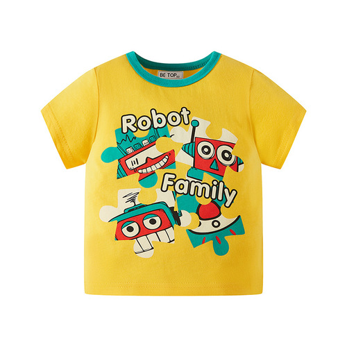  Summer Children's Short Sleeve T-Shirt with Cartoon Print Pattern for Boys, Half Sleeve, Pure Cotton, Single Piece Drop Shipping for Boys