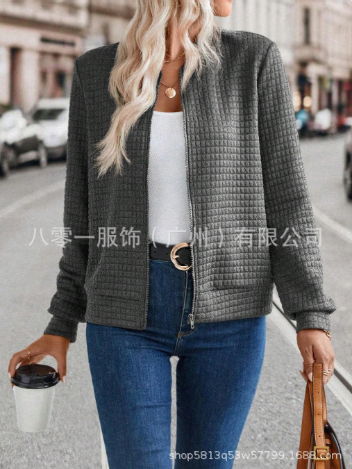 现货批发亚马逊热销新款欧美女装长袖拉链纯色拼接开衫纯色外套女|undefined
