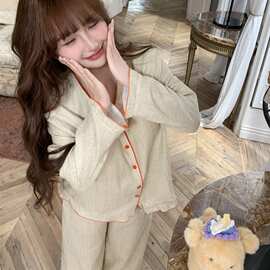 纯棉睡衣女2026年秋季双层棉麻法式少女甜美长袖高级感家居服套装
