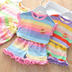 Children's Summer Rainbow Set for Girls - 2-Piece Outfit Including Short-Sleeve Top and Shorts for Young Kids - Fashionable and Stylish