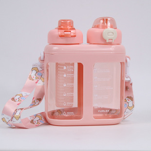 New Double-Drink High-Value Sports Water Bottle Space Cup Drinking Water Reminder Straw Cup Large Capacity Creative Plastic Water Cup