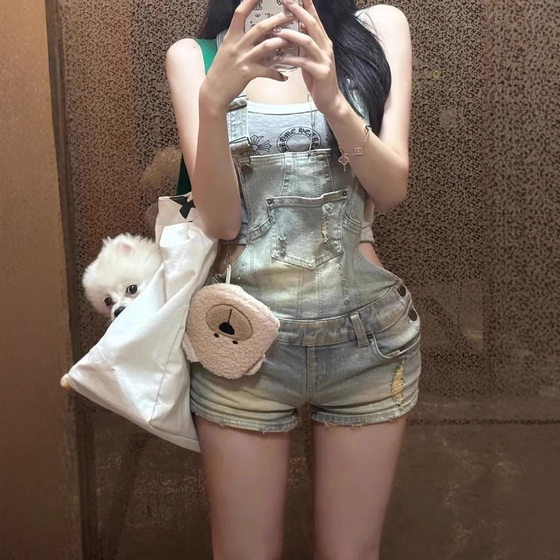 American Style Retro Old Washed Ripped Denim Strap Shorts Women's Summer Hot Girl Design Sense Hip Tight Shorts