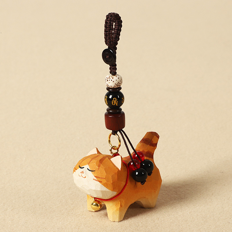 手作り木彫り太ったオレンジ猫車のキーホルダーペンダントかわいい牛猫スクールバッグペンダント女性の親友へのギフトとして