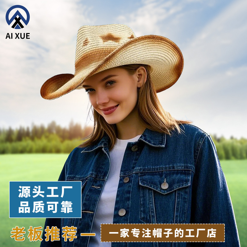 Cross-border Explosions Fashion Spray Printing Star Straw Western Cowboy Hat Gradient Big Eaves Straw Hat Outdoor Sunshade Hat
