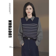 韩版宽松女士早秋上衣新款洋气假两件拼接POLO领衬衫独特别致衬衣