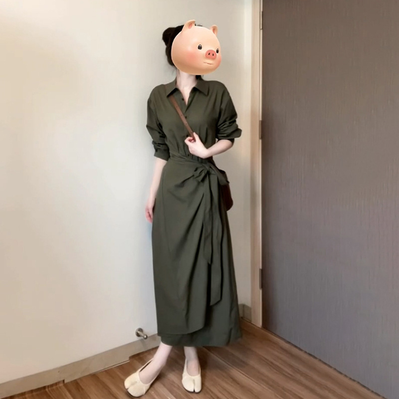 法式高级感绿色长袖衬衫连衣裙子女装2025新款开秋季穿搭收腰长裙|undefined