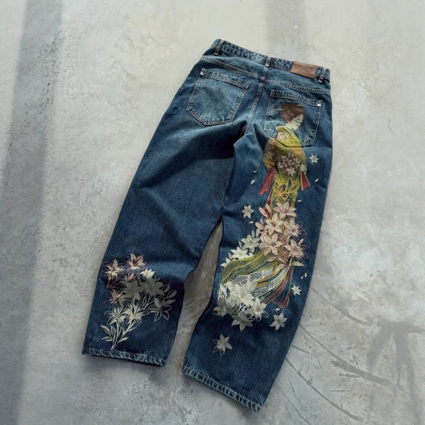 European American Cross-border Casual Pants With Plum Blossom Embroidery, Street-style Jeans, Loose Wide-leg Pants,_ecoleips.com