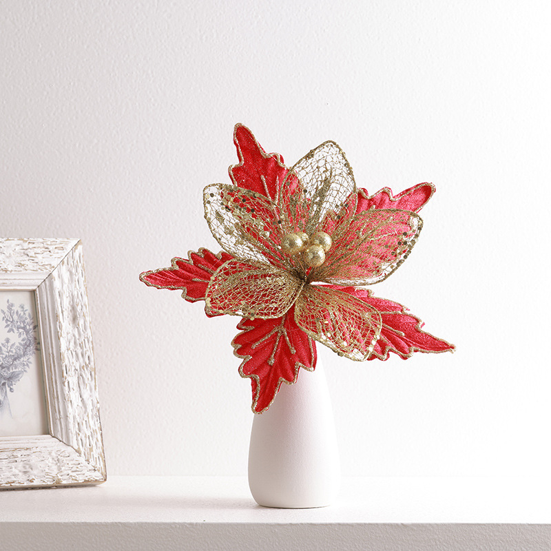 Decoración de árbol de Navidad transfronteriza 24cm oro oro oro rojo champán plata flores de Navidad imitación de flores hotel caña