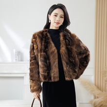 真水貂皮草外套紫貂短款V领拼接复古风秋冬新款女皮毛一体