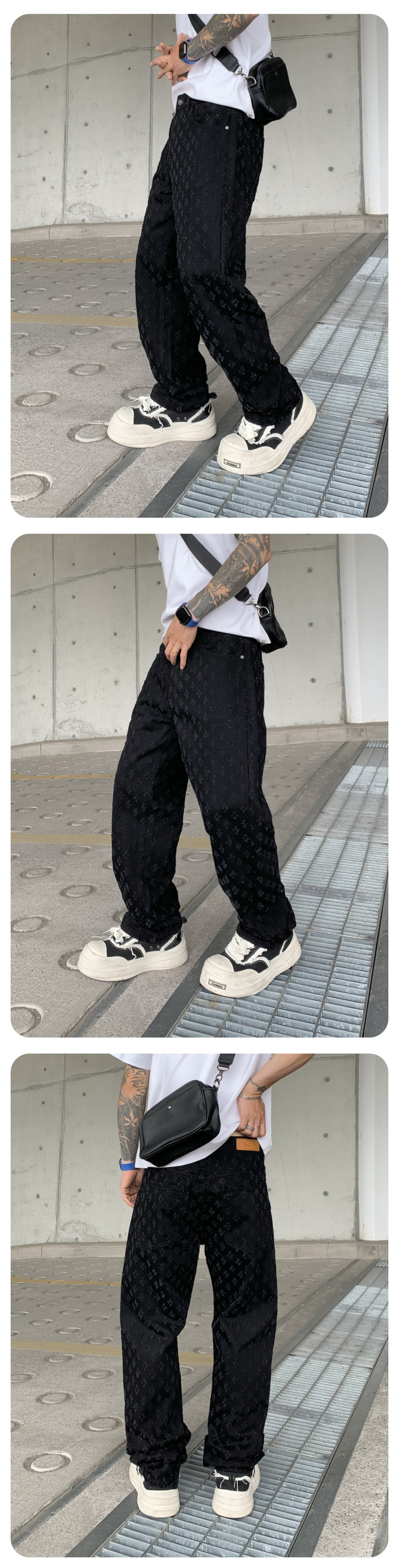 Herren Jeans Mit Jacquard Muster Weit Gerade Und Lässig Verwaschen_voghion.com