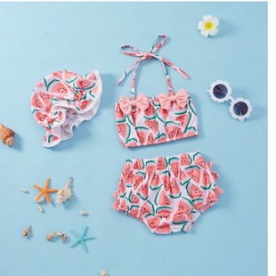 2023 foreign trade summer bowknot halter lace-up girl suit split swimsuit three-piece set spot wholesale