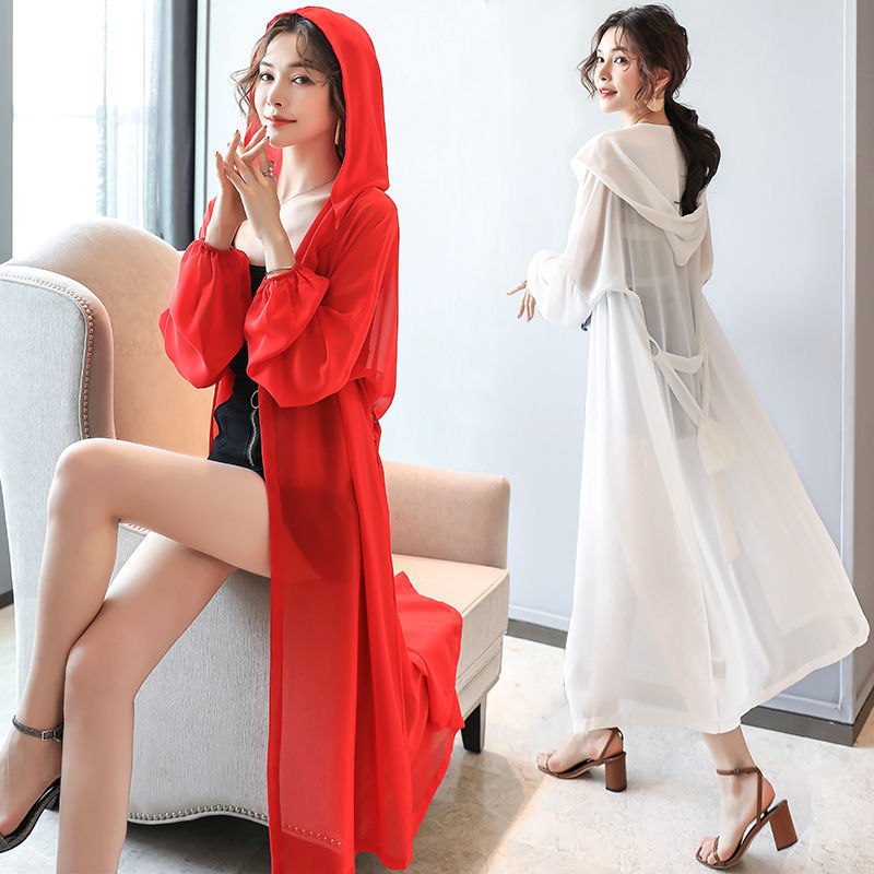 시폰 후드 썬 보호 의류 여성 중간 길이의 레이스 업 Ins 슈퍼 인기있는 솔리드 컬러 에어컨 카디건 패셔너블 숄 얇은 코트