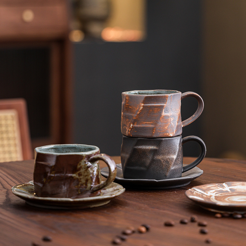 Vintage Japanese Style Rustic Ceramic Coffee Cup And Saucer_voghion.com