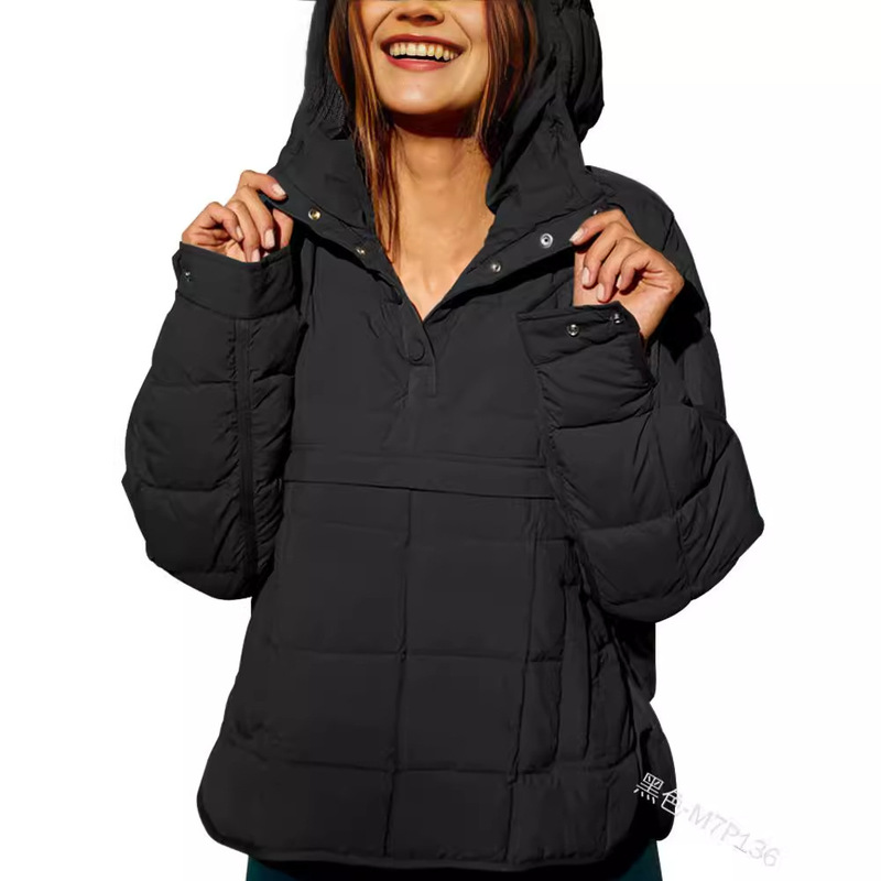 欧美2025新款休闲时尚纯色棉服宽松长袖套头连帽圆下摆上衣|undefined
