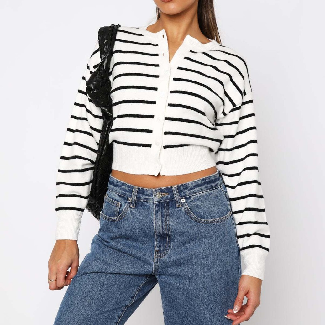 Damenbekleidung gestreifter Rundhals-Strickcardigan modischer Freizeitpullover_voghion.com