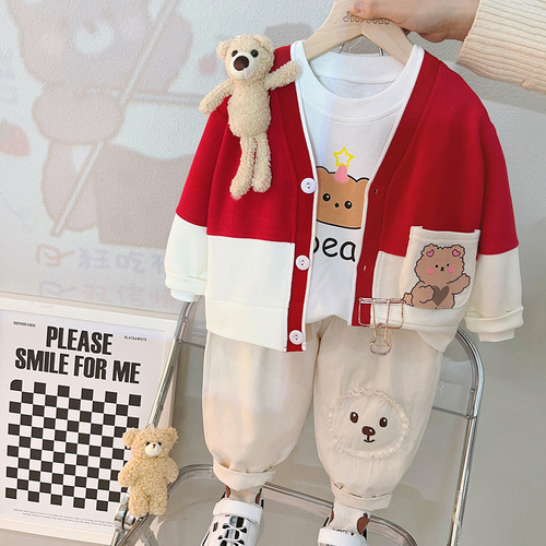 Men's and Women's Children's Set of 3 New Korean Style Spring and Autumn Season Baby Outfits Including Sweaters, Tops, and Pants 2120