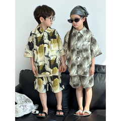 2024 new summer Korean style children's chiffon suit boys thin short-sleeved shirt shorts two-piece trendy set