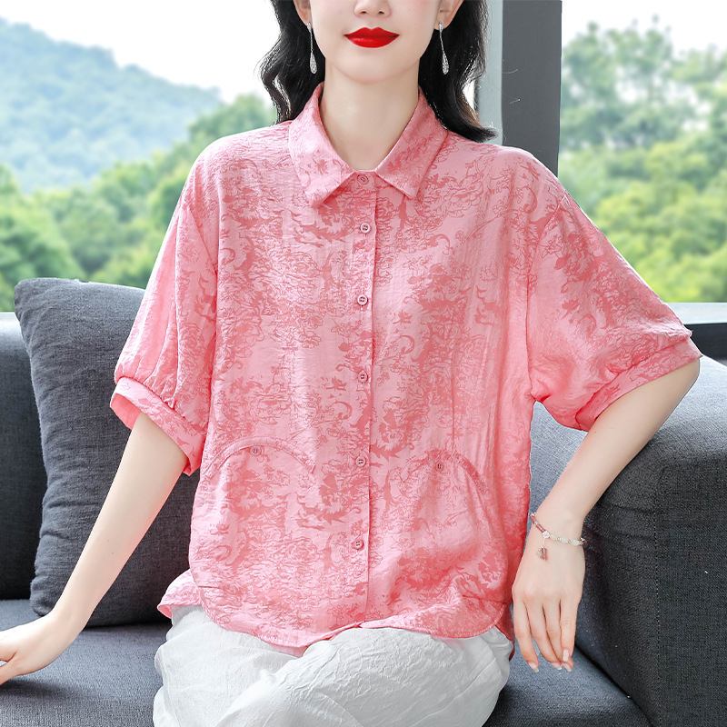 女性用テンセル薄手半袖シャツ、夏の新しいスタイル、ファッショナブルな気質のシャツ、ゆったりお腹カバー、ママの綿麻トップス|undefined