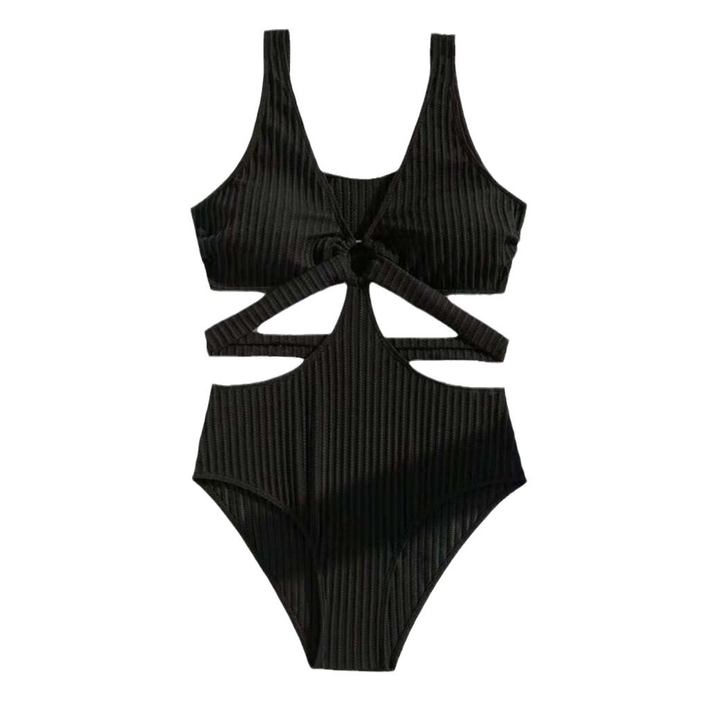 Women's sexy one-piece swimsuit with loop details V-neck solid color…