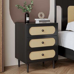 Solid Wood Bedside Table, Antique Simple Modern Rattan Small Cabinet, B&B Bedroom Storage Cupboard, Storage Cabinet