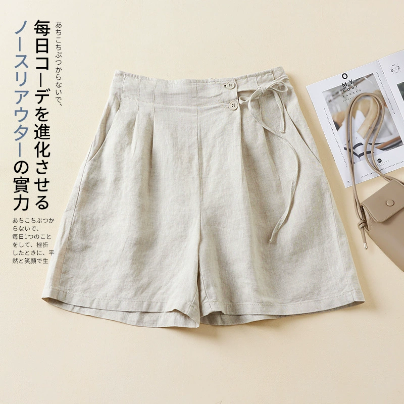 Настоящие фотографии широких шорт из хлопка и льна для лета, женские свободные утягивающие повседневные брюки большого размера в стиле ретро, ​​тонкие брюки из хлопка и льна