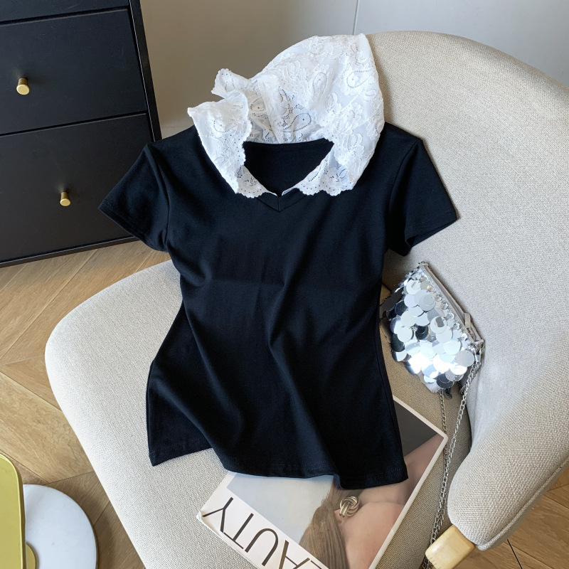 New Products in Stock Summer New Lace Splicing Short-Sleeved Hooded T-Shirt Women's Loose Fashionable Casual Versatile Tops New Products in Stock Summer New Lace Splicing Short-Sleeved Hooded T-Shirt Women's Loose Fashionable Casual Versatile Tops