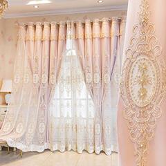WBZ7 Luxury European Style Thickened Embroidered Curtain Finished Fabric Gauze Double-layer Integrated Blackout Living Room Bedroom Cotton-Linen Curtain