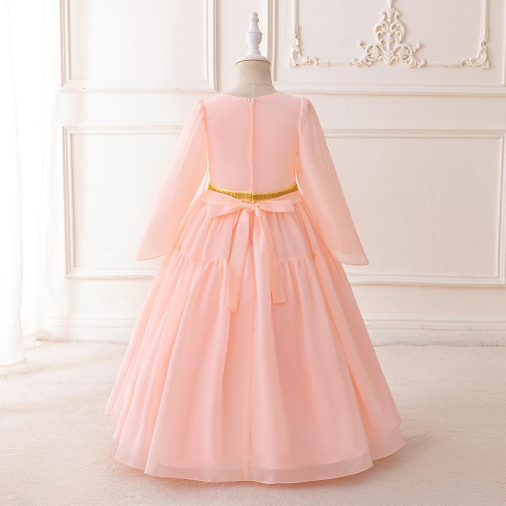 Nuevo vestido de niñas de mangas largas de cuello redondo bordado vestido de satén vestido de niñas falda de malla
