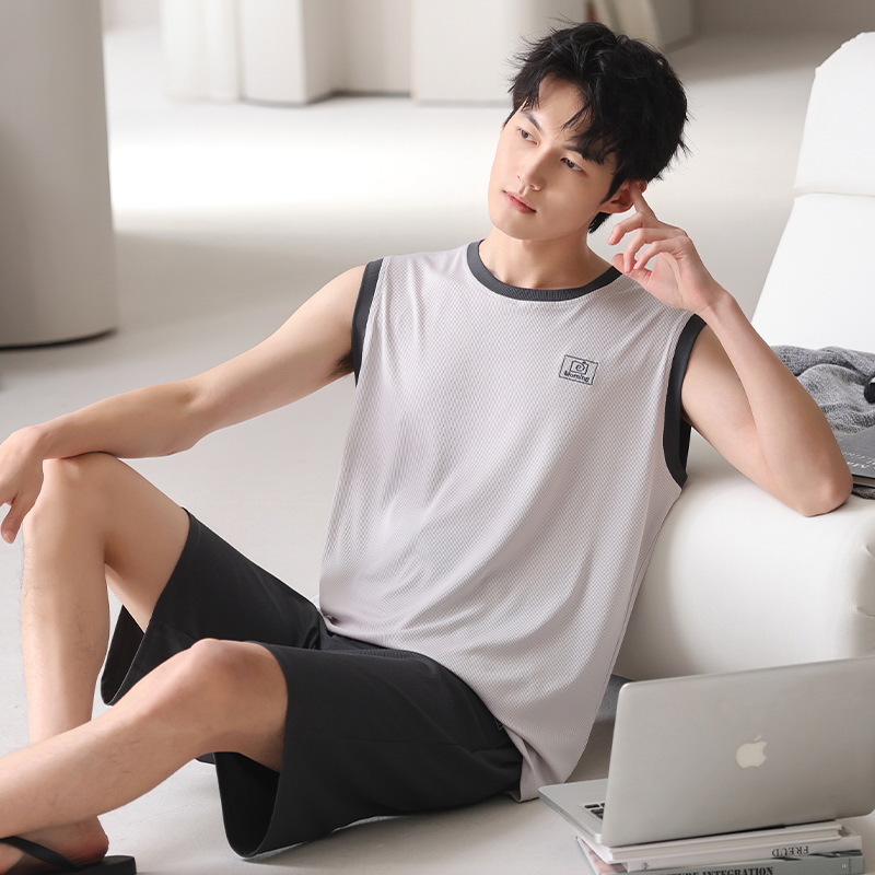 ZHUOJIA의 새로운 잠옷 남성 여름 얼음 실크 실 얇은 민소매 조끼 양복 조끼 홈웨어 정장 여름