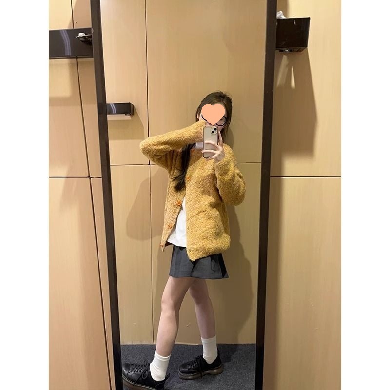 慵懒风软糯黄色针织外套女秋冬季新款设计感甜美减龄宽松休闲上衣|undefined