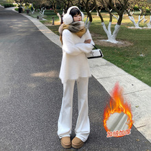 辣妹慵懒抽绳白色加绒微喇裤女2025年秋冬新款修身显瘦喇叭休闲裤