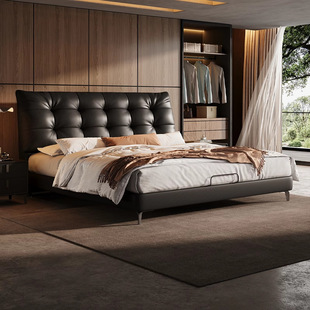 Modern Minimalist Genuine Leather Bed 1.8m Double Master Bedroom Wedding Bed 2.2 Storage New Large Black Bear Soft Black Leather Bed