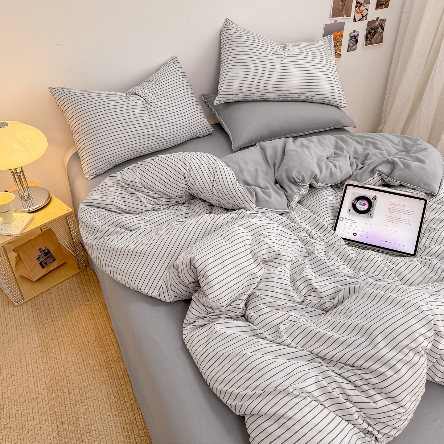 2026 New Japanese-style Simple Washed Cotton Striped Solid Color Two-tone Four-piece Dormitory Three-piece Set Bed Sheet_voghion.com