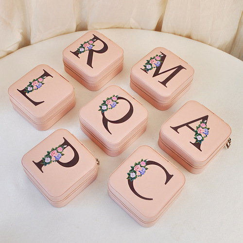 Portable mirror style PU printed letter storage box earring ear cuff ring box jewelry box wholesale packaging box
