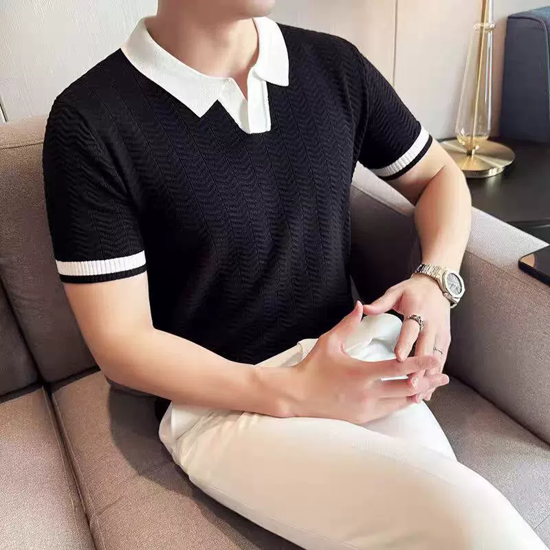 男士时尚轻奢蜂窝纹理透气薄款翻领针织衫夏季简约纯色撞色修身T