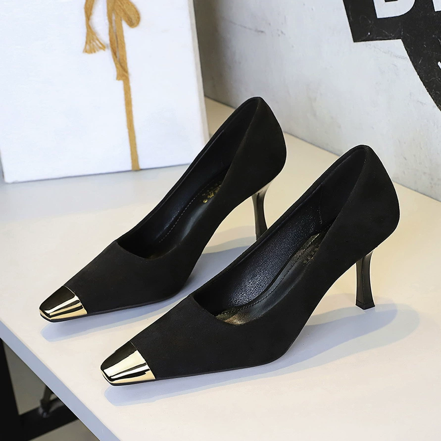 321-10 Банкетные туфли на высоком каблуке в европейском и американском стиле, с металлическим квадратным носком, из замши, элегантные женские туфли-стилето