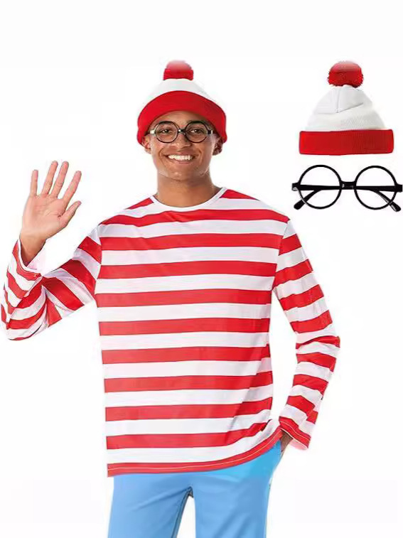 Cross-border European and American ExporT AdulT Men's Red and WhiTe STripesd T-shirT and HaT SeT Halloween Role-playing CosTume ParTy Cross-border European and American ExporT AdulT Men's Red and WhiTe STripesd T-shirT and HaT SeT Halloween Role-playing CosTume ParTy