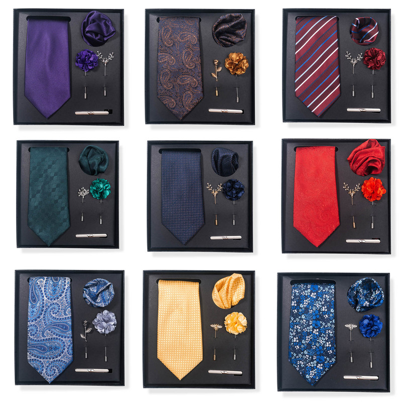 Men's Trendy Solid Color Striped Paisley Tie 6-Piece Gift Box Set with Square Scarf, Tie Clip, and Boutonniere Set Men's Trendy Solid Color Striped Paisley Tie 6-Piece Gift Box Set with Square Scarf, Tie Clip, and Boutonniere Set
