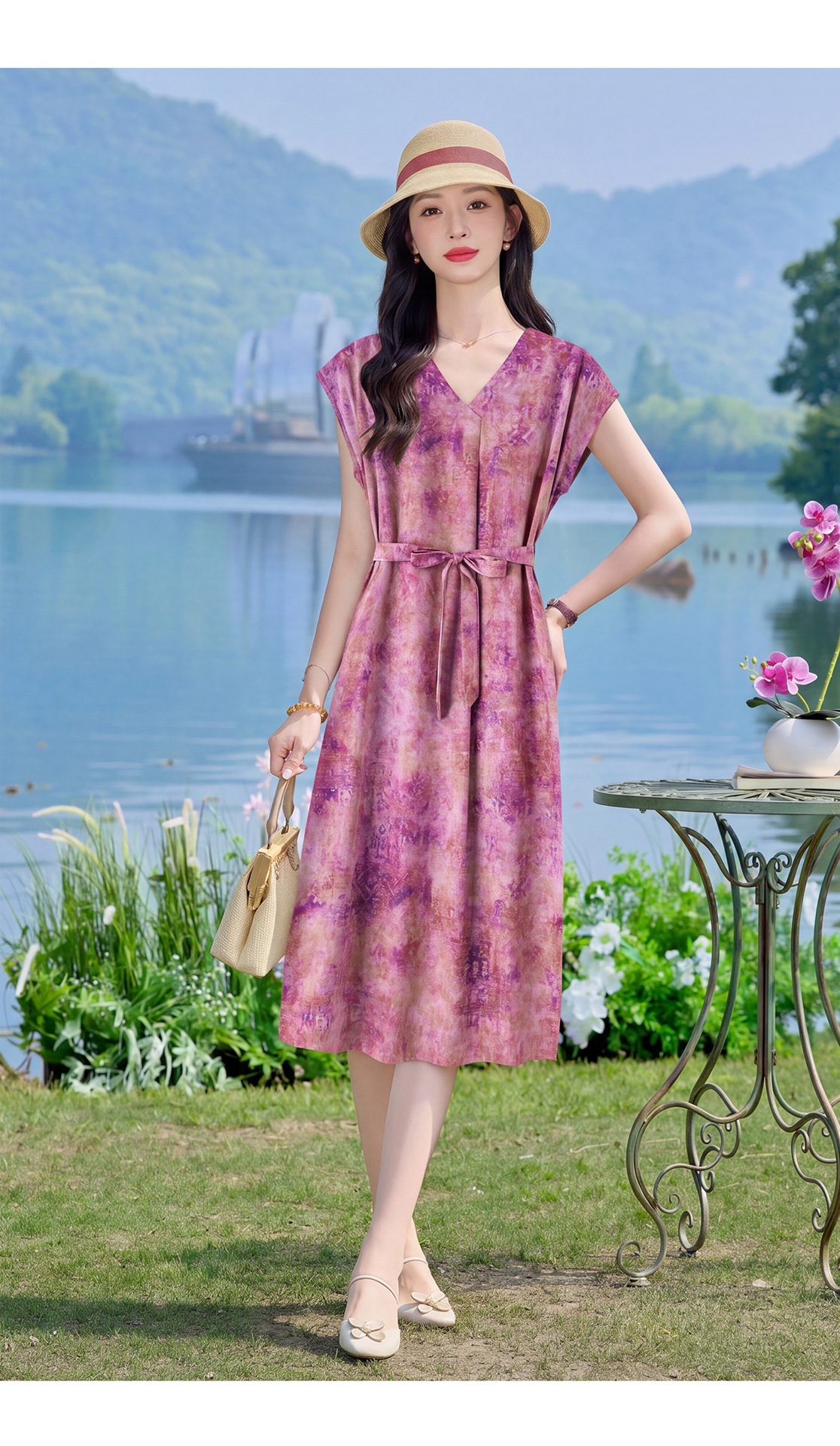 Đầm maxi nữ V cổ thắt eo họa tiết hoa nhí — xanh lam, màu vàng, màu đỏ chi tiết 15