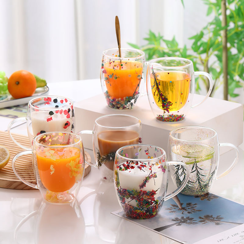 Dried Flower Egg-Shaped Glass Cup for Milk, Coffee, and Milk Tea, Suitable for Office and Home Use, Insulated, Various Floral Designs, with Handle
