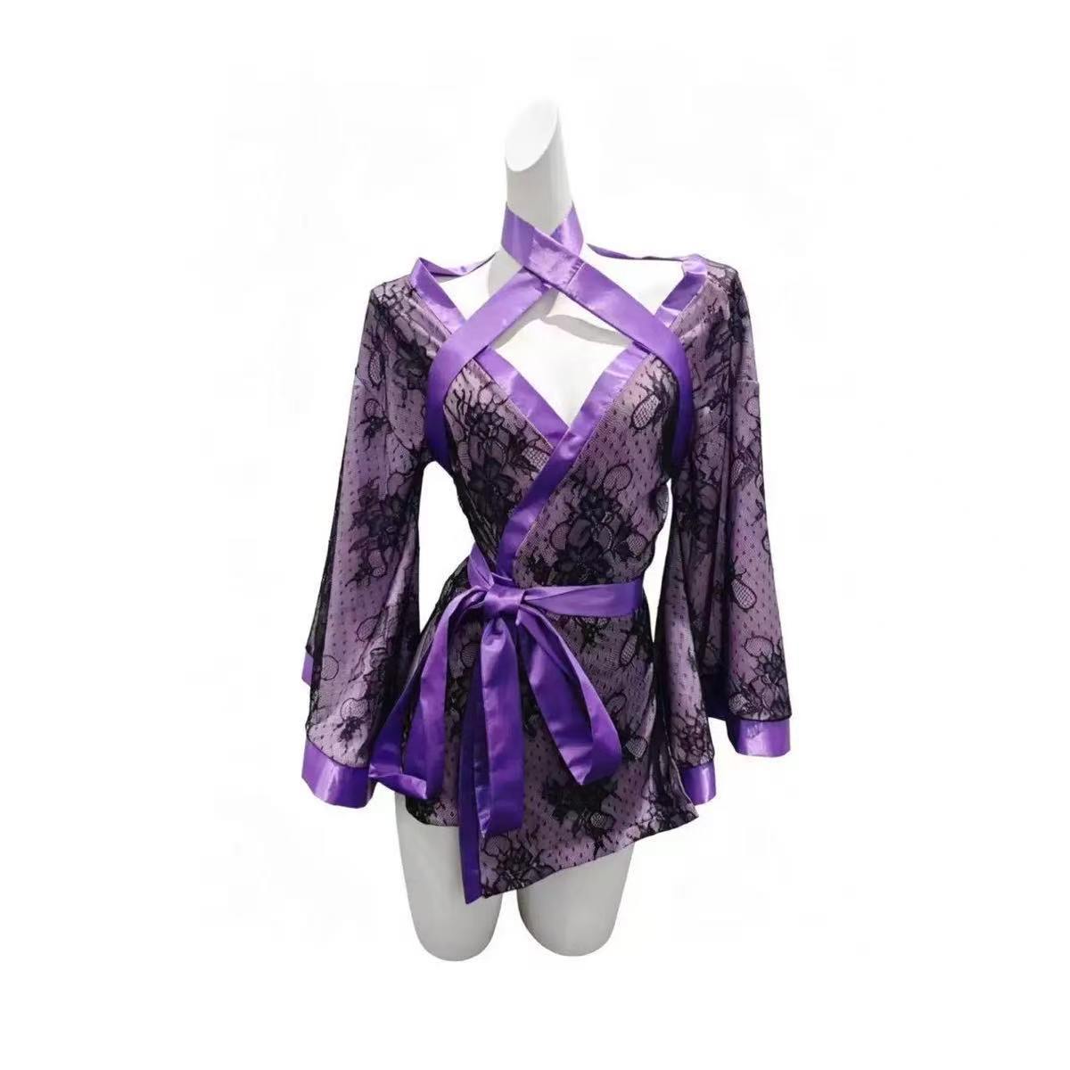 Japanese-Style Purple Lace Kimono Lingerie Set with Ties, Alluring Pajama Roleplay Outfit — detail image 6