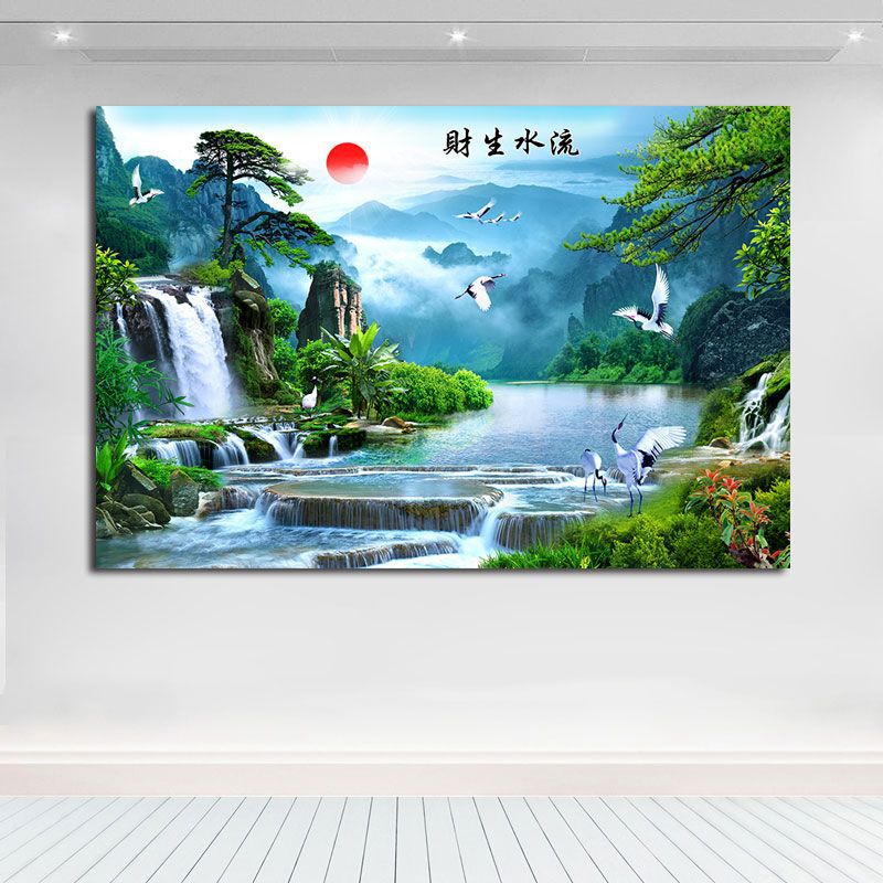 流水生財風景ポスター山水画壁貼りリビング装飾壁掛け絵テレビ背景壁自己貼り付け絵|undefined
