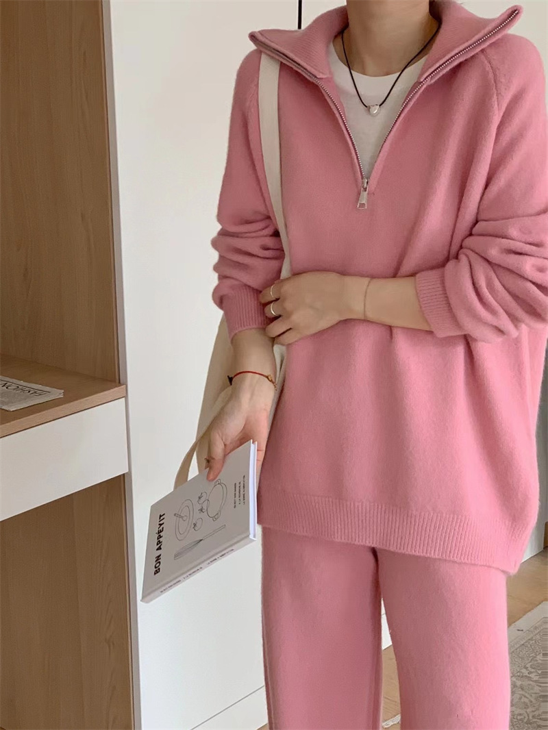 Women’s Korean Style Knit Sweater & Wide Leg Pants Set – Lapel Half-Zip Lounge Suit (One Size, 6 Colors)_voghion.com