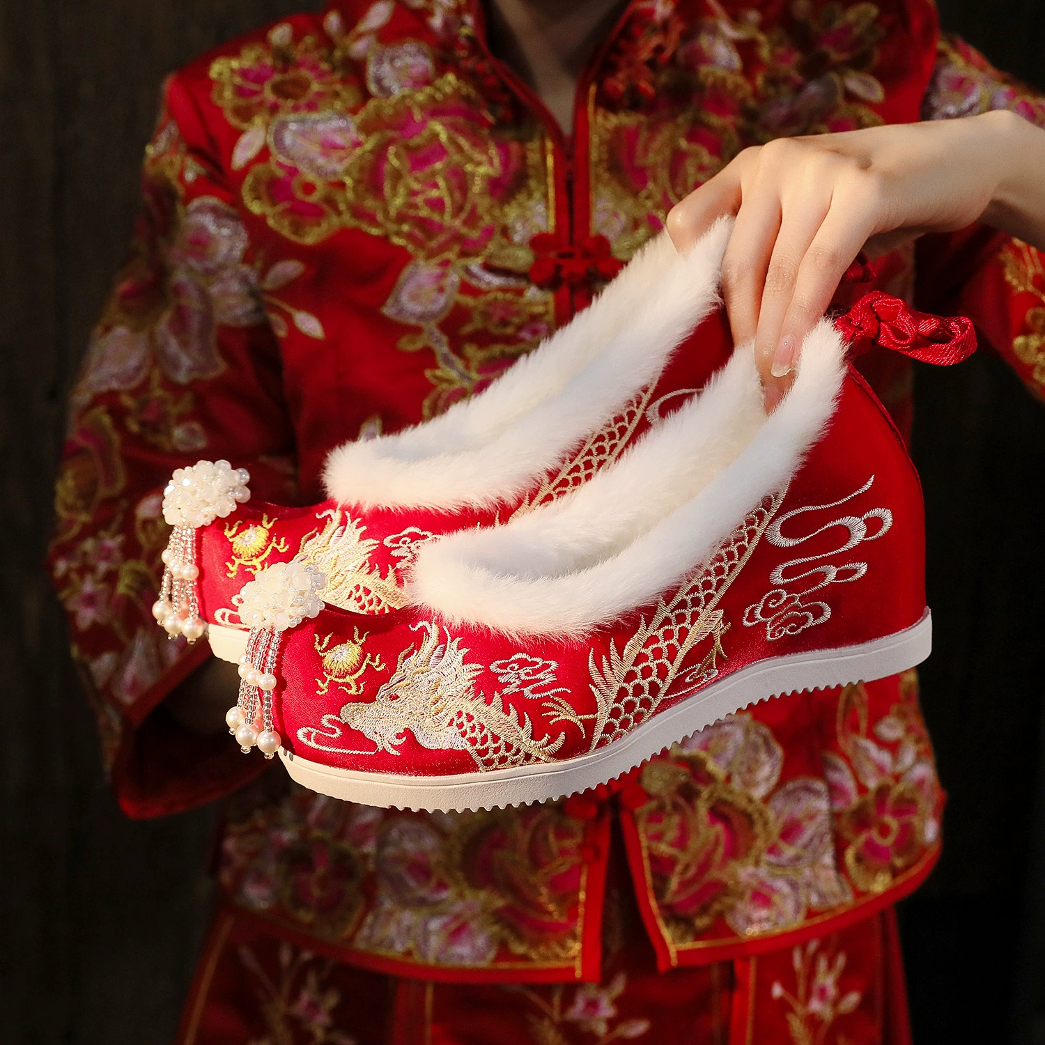 [Long Rui] 2023 Зимняя новая антикварная хлопковая обувь Новогодняя благоприятная обувь с вышивкой Женская Свадебная обувь для невесты Обувь ханьфу