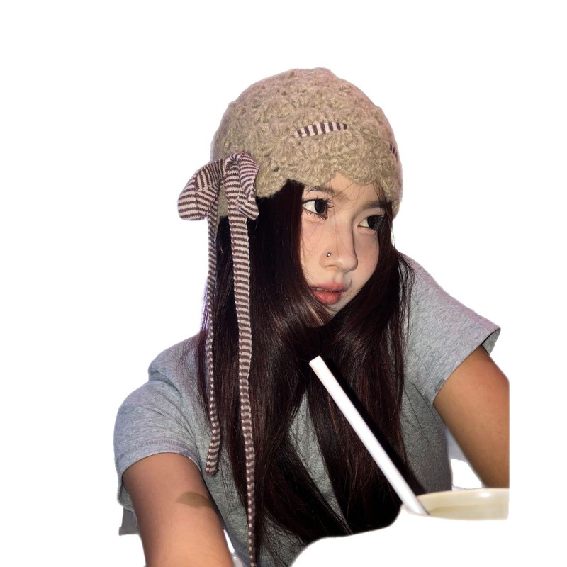 FFACC秋冬新款手工花朵镂空编织帽卡其色针织帽女显脸小包头帽|undefined