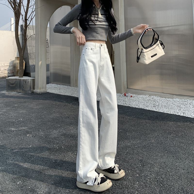 Women's wide-leg jeans, 2023 Spring/Summer new style, high-waisted, straight leg, loose fit, drape, petite, floor-length, slim fit.