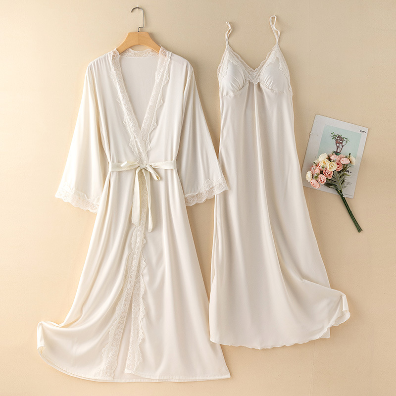 Mid-length pajamas women's spring and summer ice silk thin nightgown with chest pad nightgown two-piece sexy pure style home wear