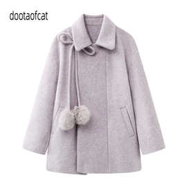 2025冬季新款女装宽松抽绳系带围巾领双面呢大衣毛呢外套N75W032