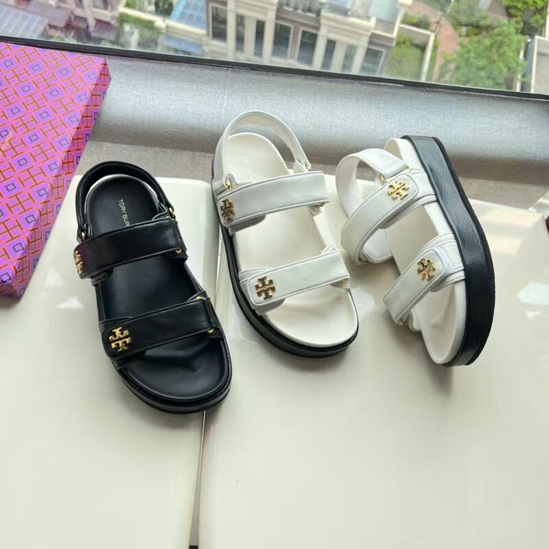 Pure Original Tb Open-Toe Round-Toe Slippers Belt Buckle Non-Slip Outer Wear Beach Sandals Platform Thick-Soled Casual Roman Women